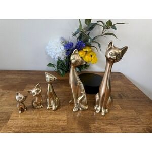 Vintage Brass Cat Figurines Set 5 MCM Mid Century Modern Decor Retro Kitty Shelf